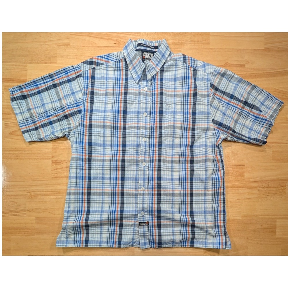 Southpole Men XL Plaid Short Sleeve Button Down Shirt Blue Orange Hexagon Cotton